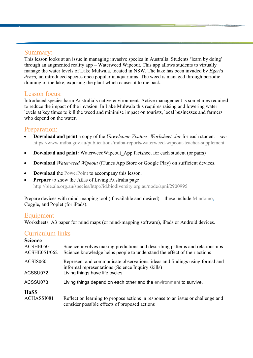 Download and Print: Waterweedwipeout App Factsheet for Each Student (Or Pairs)