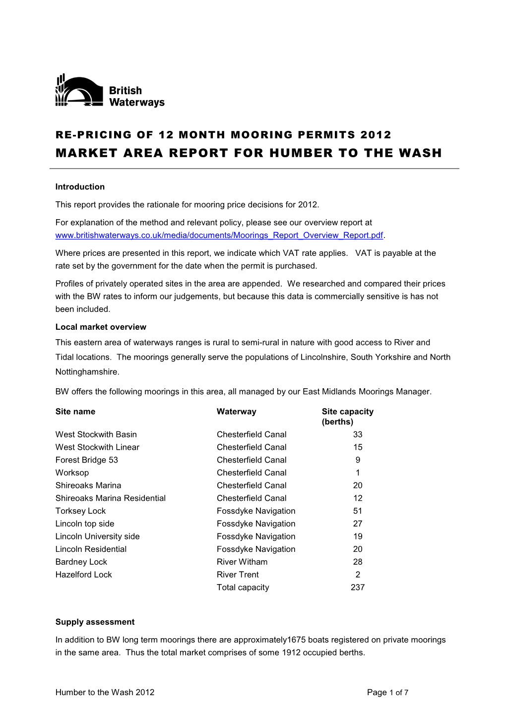 Re-Pricing of 12 Month Mooring Permits 2012 Market Area Report for Humber to the Wash