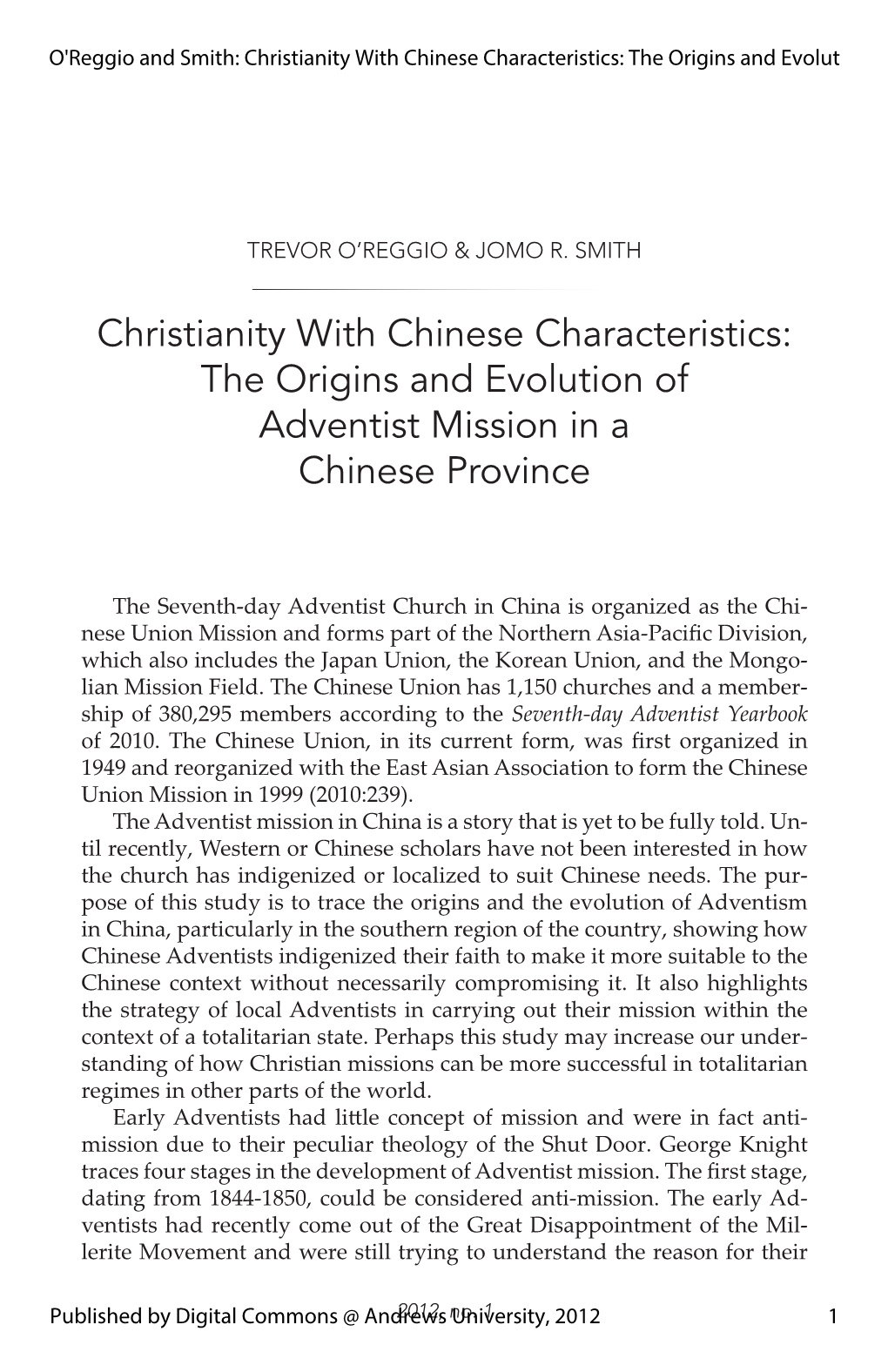 The Origins and Evolution of Adventist Mission in a Chinese Province