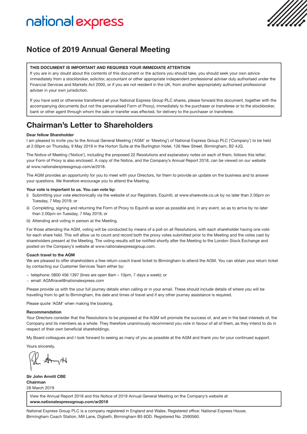 Chairman's Letter to Shareholders Notice of 2019 Annual General Meeting