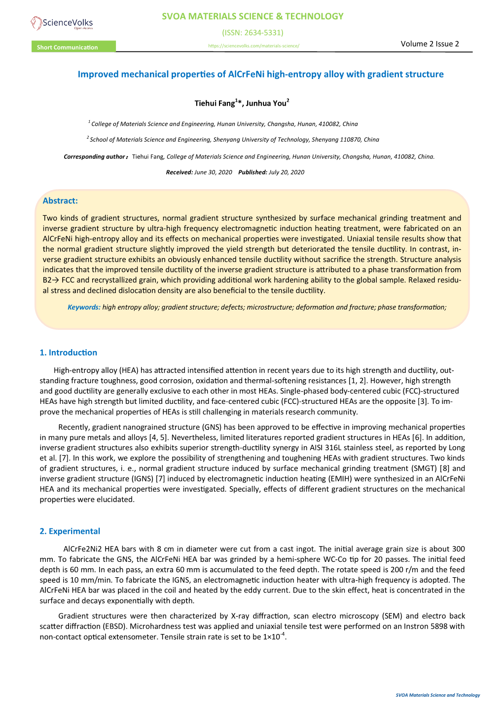 Improved Mechanical Properties of Alcrfeni High-Entropy Alloy with Gradient Structure