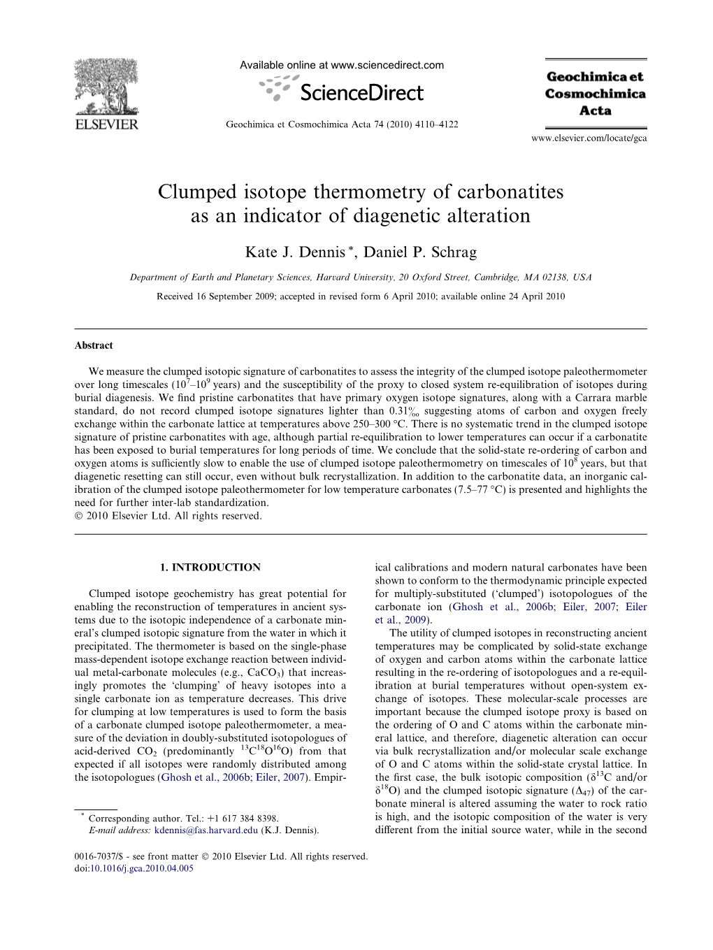 Clumped Isotope Thermometry of Carbonatites As an Indicator of Diagenetic Alteration