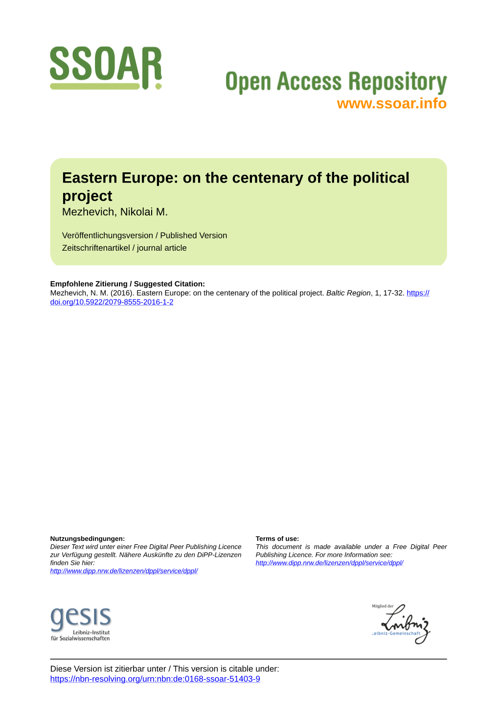 Eastern Europe: on the Centenary of the Political Project Mezhevich, Nikolai M