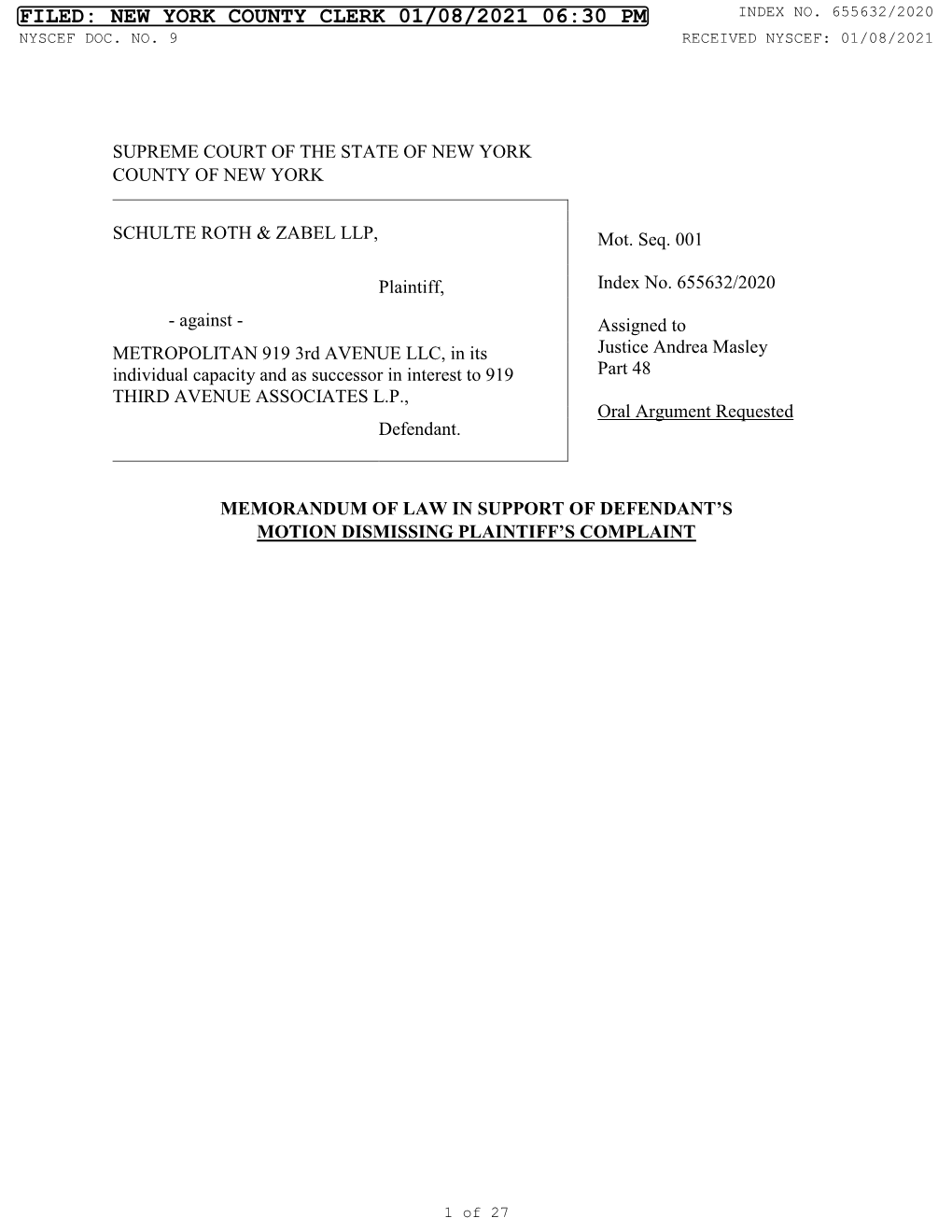 01/08/2021 Defendant's MOL ISO Motion to Dismiss