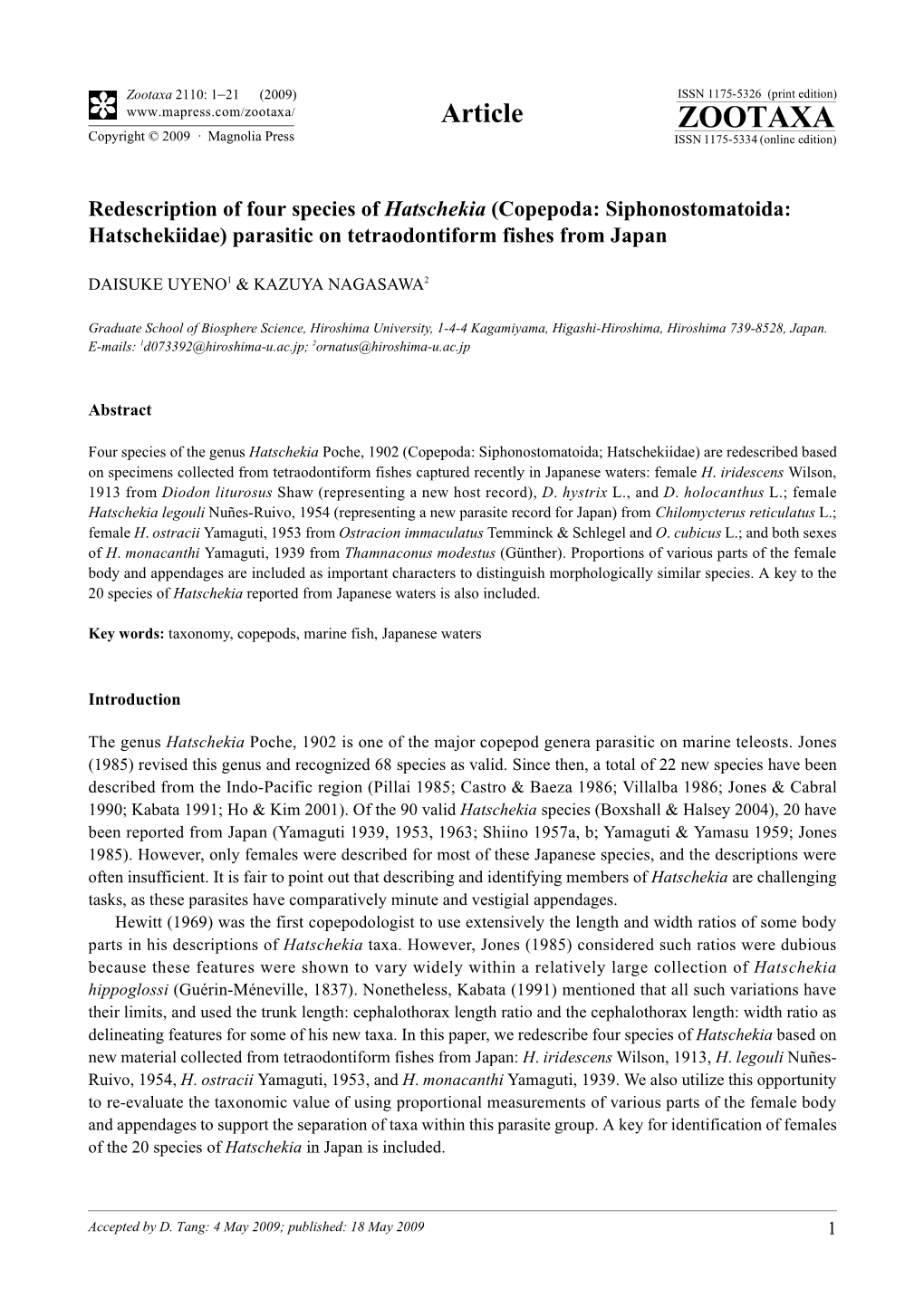 Zootaxa, Redescription of Four Species of Hatschekia