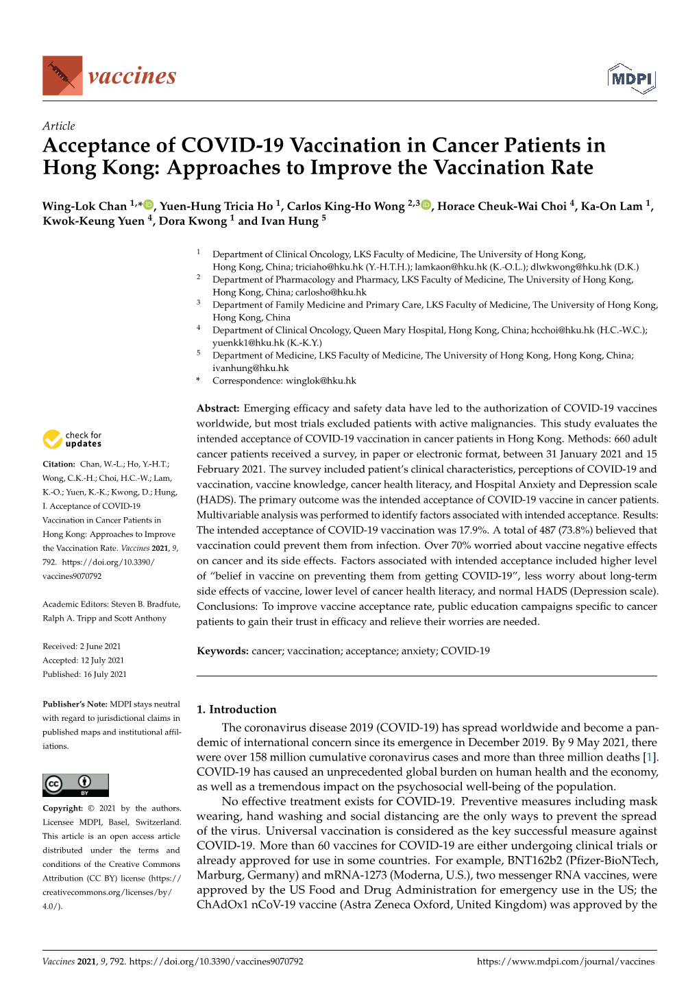 Acceptance of COVID-19 Vaccination in Cancer Patients in Hong Kong: Approaches to Improve the Vaccination Rate