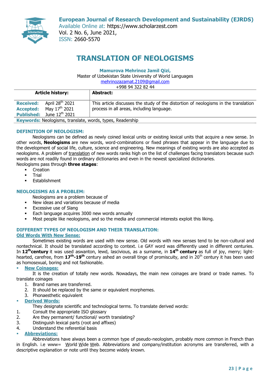 Translation of Neologisms