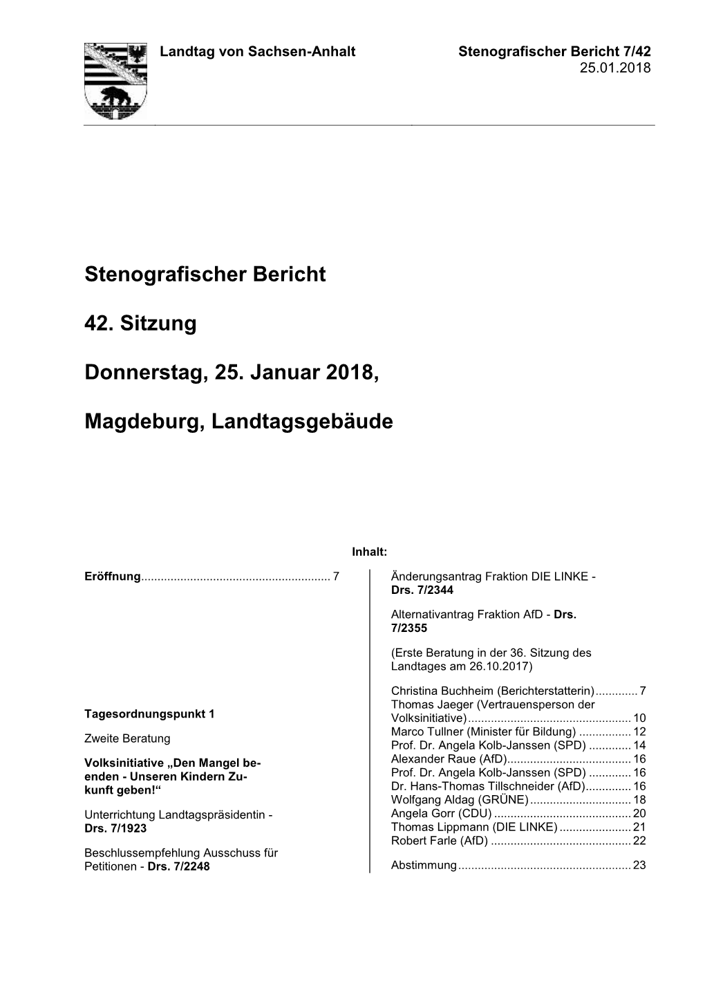 Stenografischer Bericht Über Die 42. Sitzung Am 25.01.2018