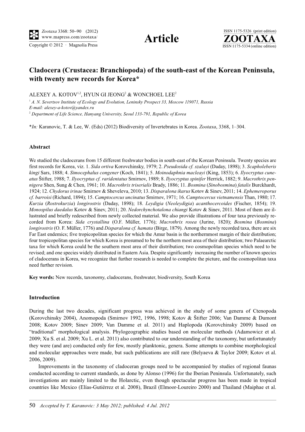 Cladocera (Crustacea: Branchiopoda) of the South-East of the Korean Peninsula, with Twenty New Records for Korea*