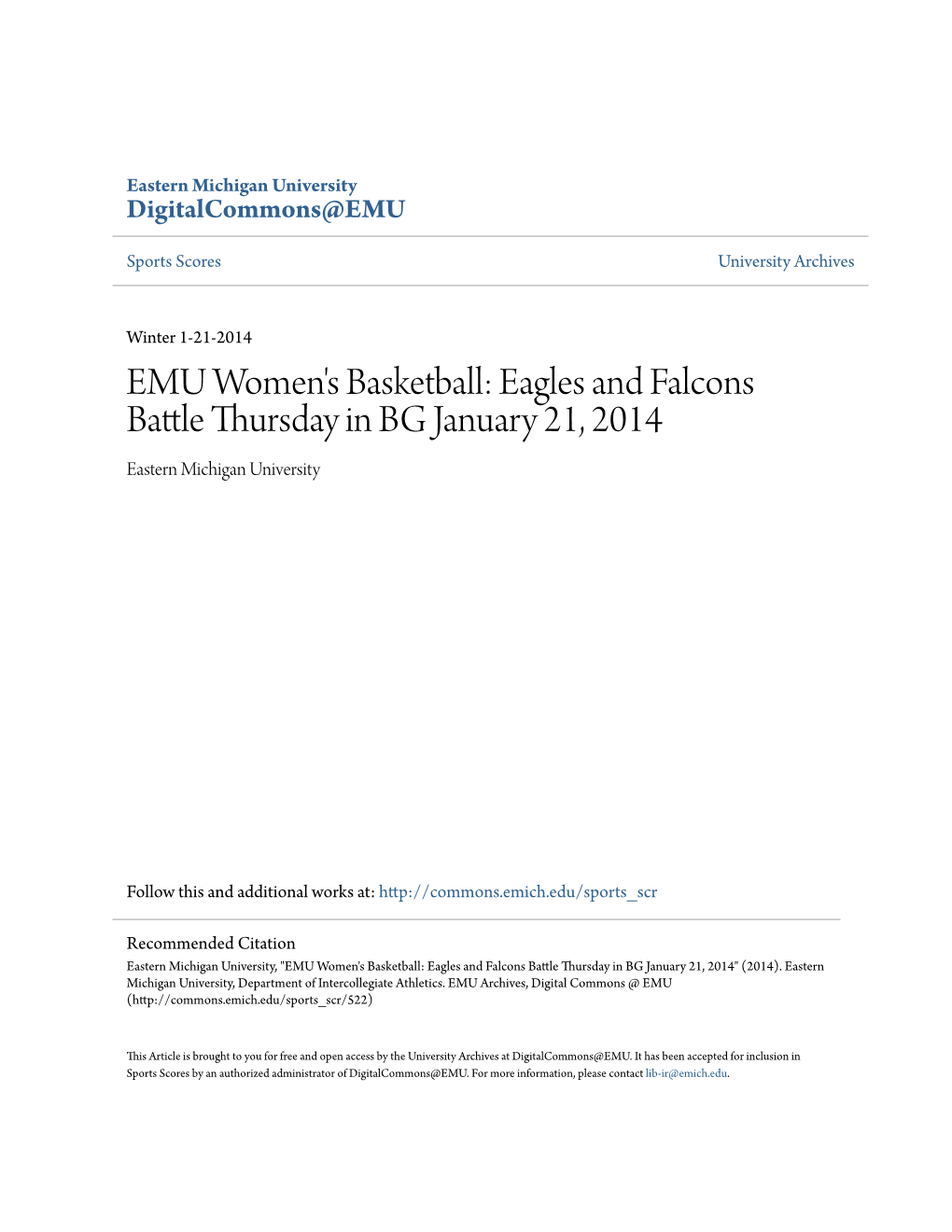 EMU Women's Basketball: Eagles and Falcons Battle Ursdth Ay in BG January 21, 2014 Eastern Michigan University