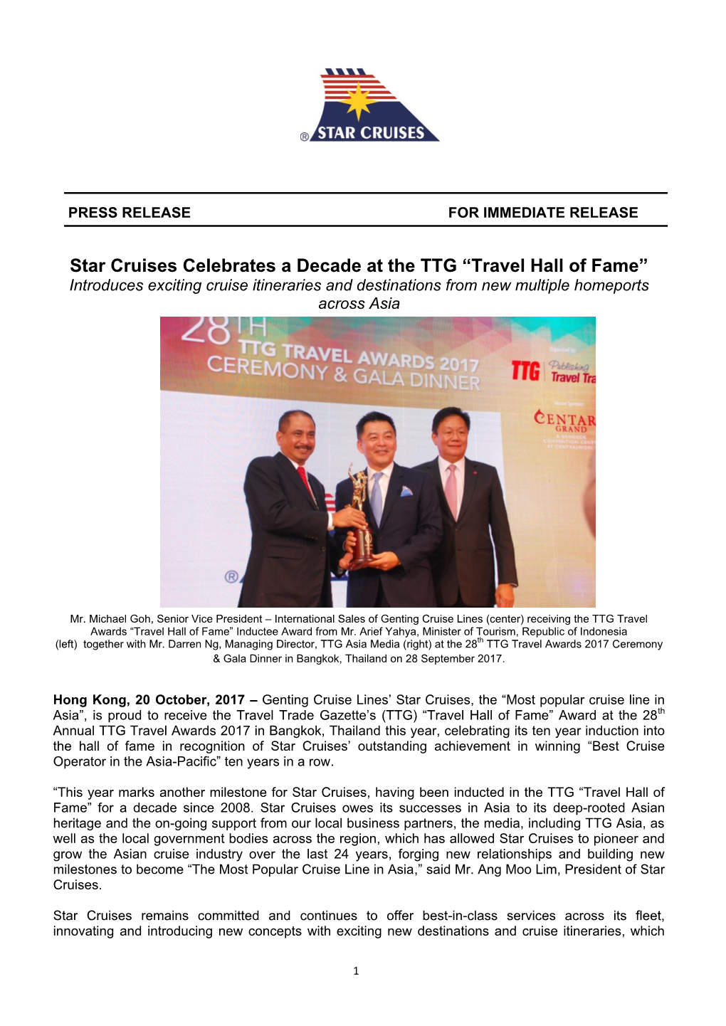 Star Cruises Celebrates a Decade at the Ttg "Travel Hall of Fame"