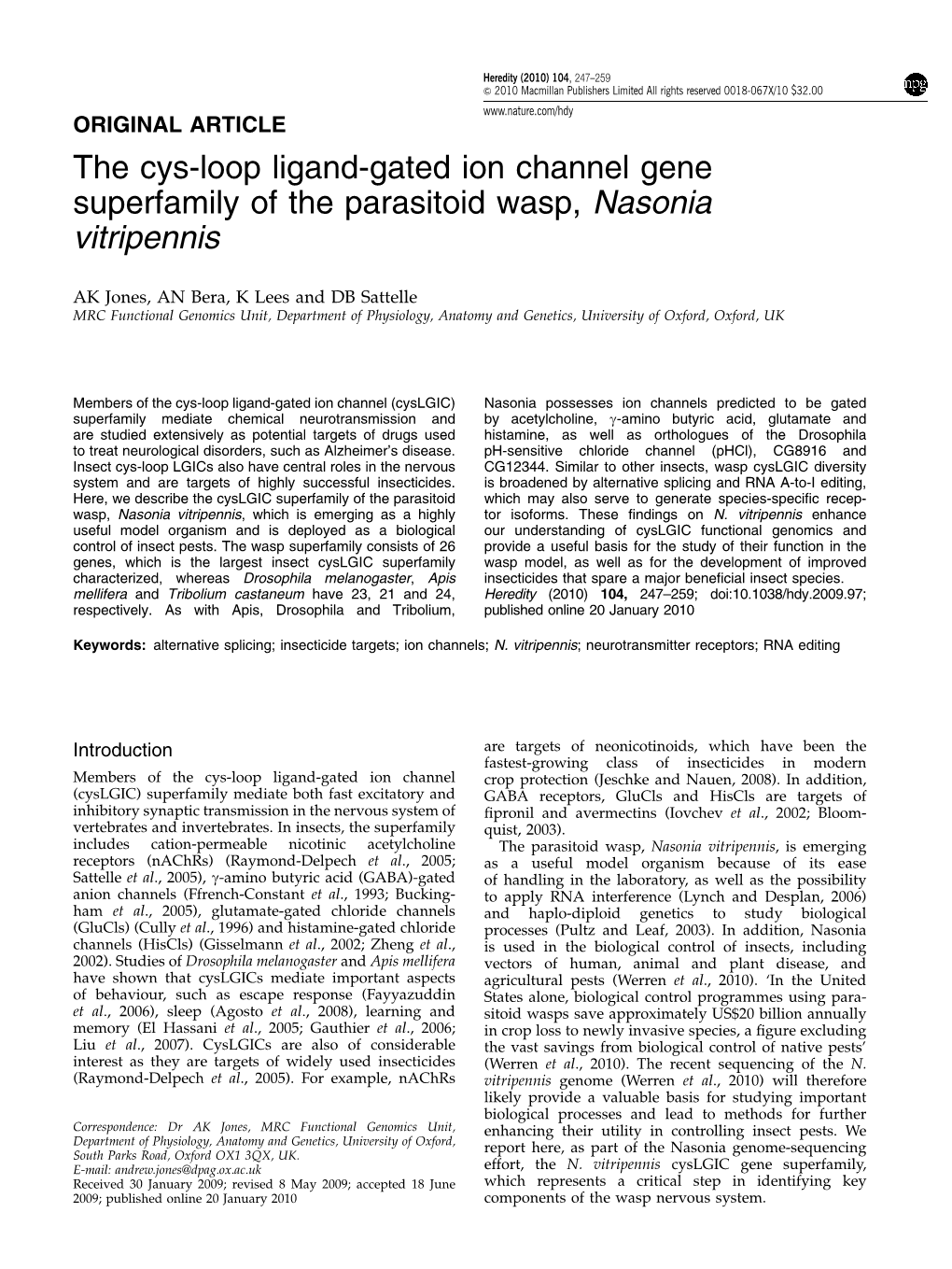 The Cys-Loop Ligand-Gated Ion Channel Gene Superfamily of the Parasitoid Wasp, Nasonia Vitripennis