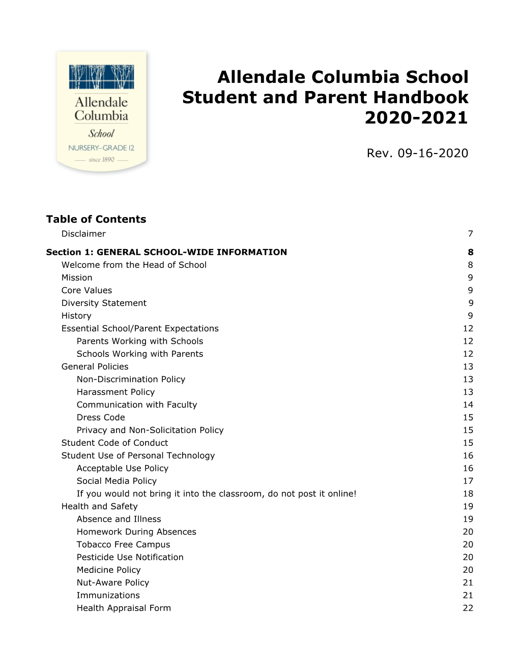 Allendale Columbia School Student and Parent Handbook 2020-2021