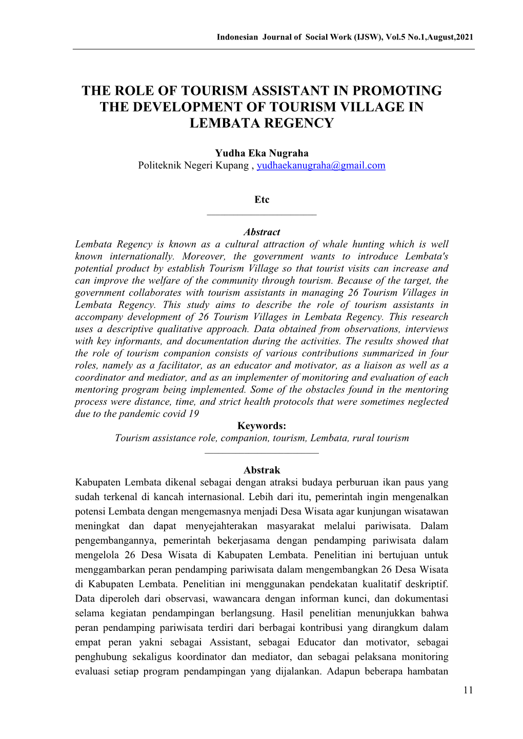 The Role of Tourism Assistant in Promoting the Development of Tourism Village in Lembata Regency