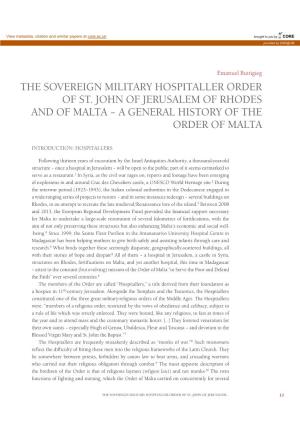 The Sovereign Military Hospitaller Order of St. John of Jerusalem of Rhodes and of Malta – a General History of the Order of Malta
