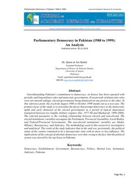 Parliamentary Democracy in Pakistan (1988 to 1999): an Analysis Published Online: 30-12-2019