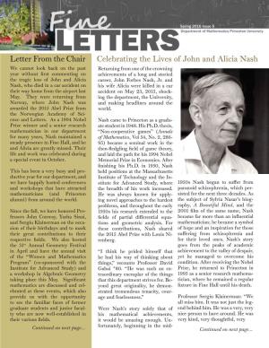 Letter from the Chair Celebrating the Lives of John and Alicia Nash