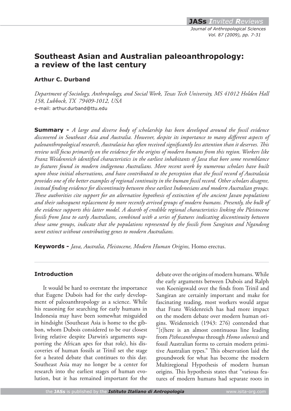 Southeast Asian and Australian Paleoanthropology: a Review of the Last Century