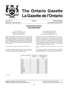 Ontario Gazette Volume 147 Issue 01, La Gazette De L'ontario Volume 147