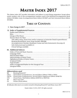MASTER INDEX 2017 This Master Index 2017 Provides Information and Indexes to Assist Liturgy Preparation