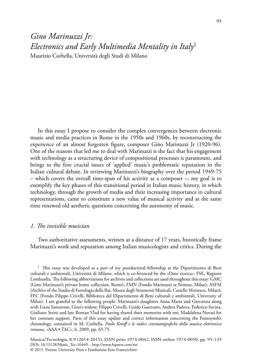 Gino Marinuzzi Jr: Electronics and Early Multimedia Mentality in Italy1 Maurizio Corbella, Università Degli Studi Di Milano