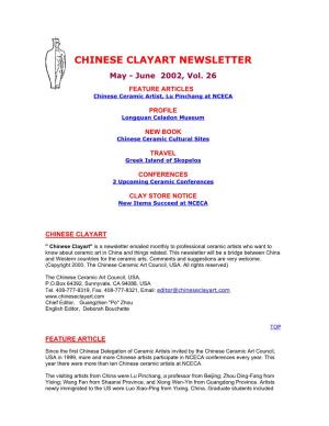 June 2002, Vol. 26 FEATURE ARTICLES Chinese Ceramic Artist, Lu Pinchang at NCECA