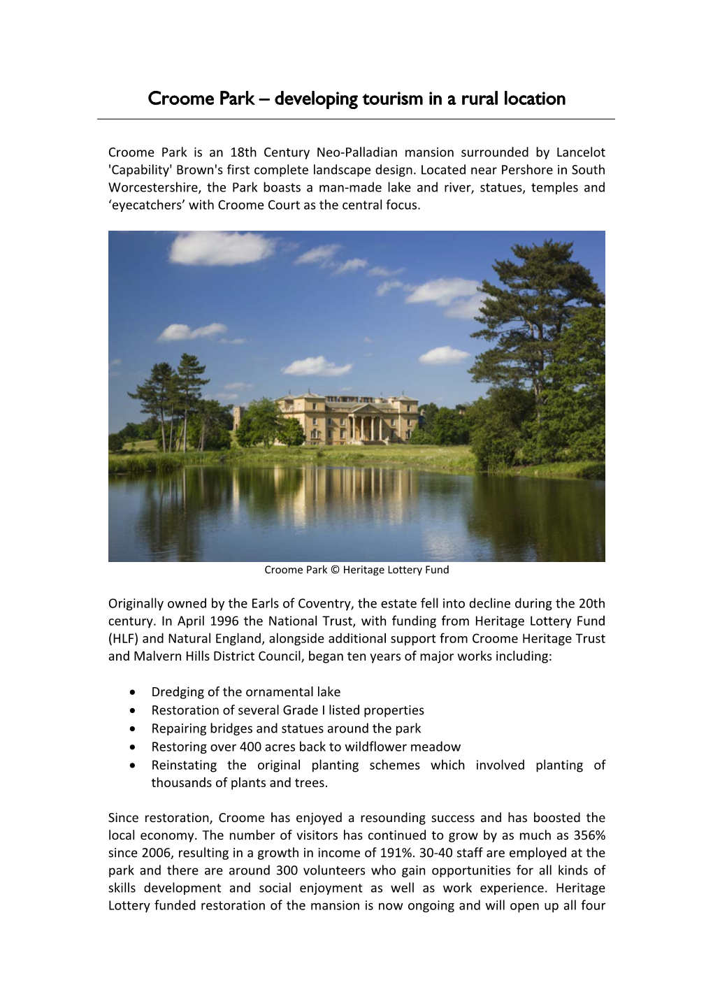 Croome Park – Developing Tourism in a Rural Location