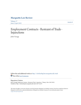 Employment Contracts - Restraint of Trade - Injunctions John F