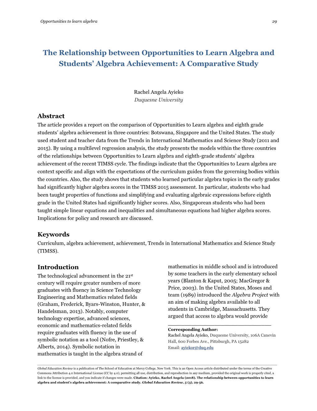 The Relationship Between Opportunities to Learn Algebra and Students’ Algebra Achievement: a Comparative Study