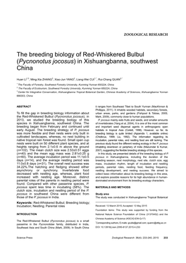 The Breeding Biology of Red-Whiskered Bulbul (Pycnonotus Jocosus) in Xishuangbanna, Southwest China