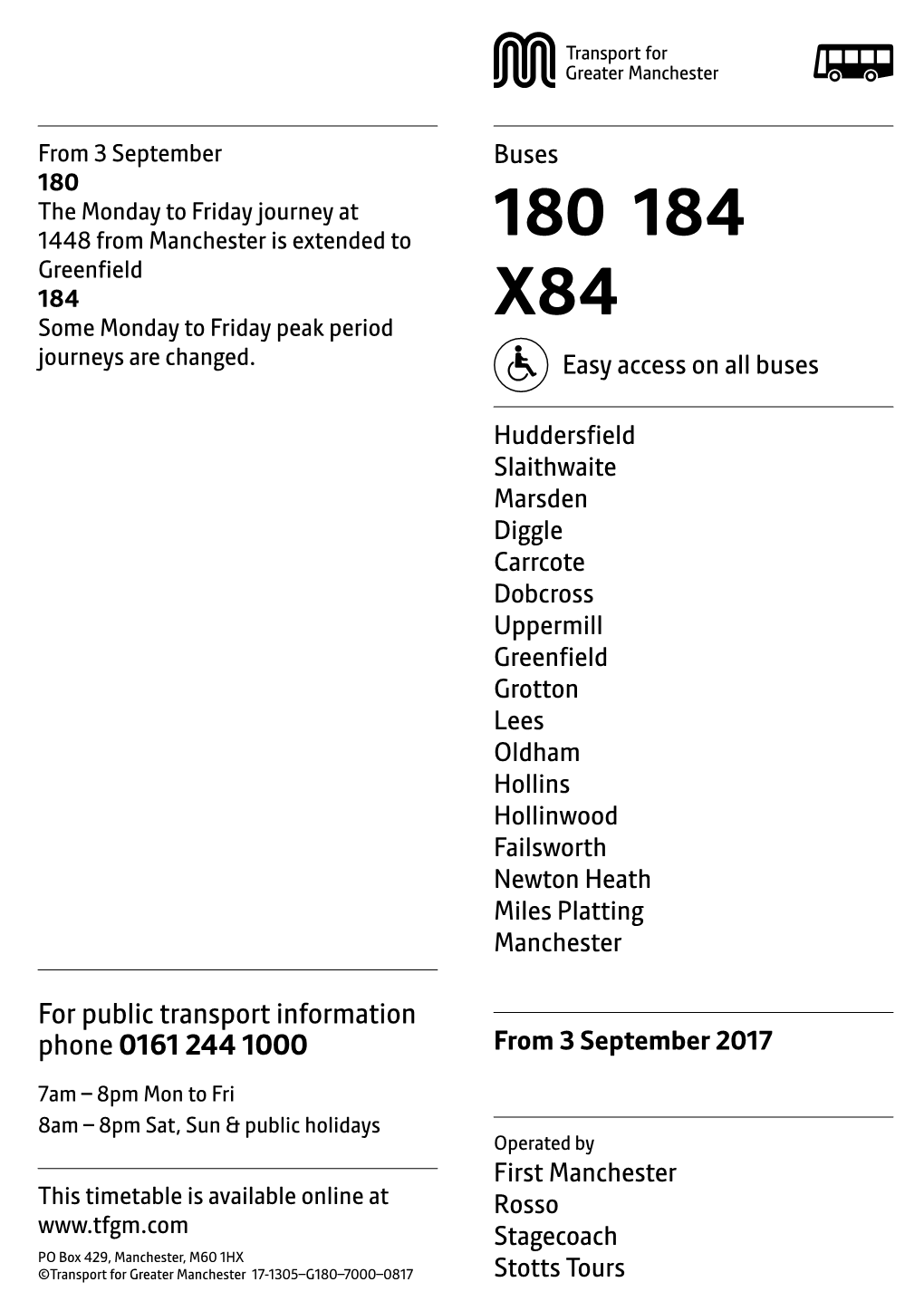 180 184 Greenfield 184 Some Monday to Friday Peak Period X84 Journeys Are Changed