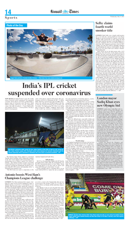 India's IPL Cricket Suspended Over Coronavirus