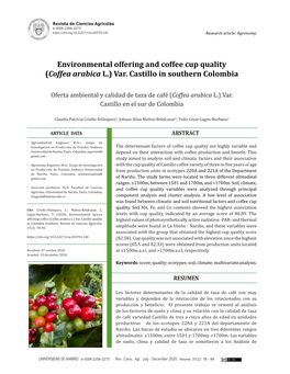 Environmental Offering and Coffee Cup Quality (Coffea Arabica L.) Var