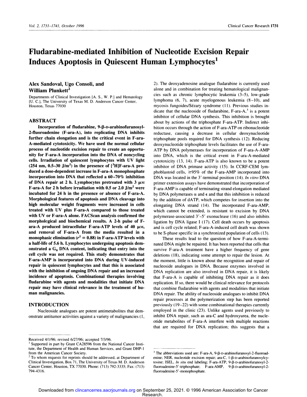 Fludarabine-Mediated Inhibition of Nucleotide Excision Repair Induces Apoptosis in Quiescent Human Lymphocytes1