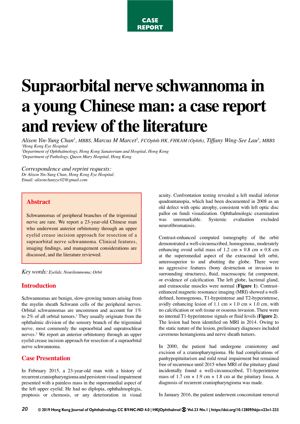 Supraorbital Nerve Schwannoma in a Young Chinese Man: a Case Report