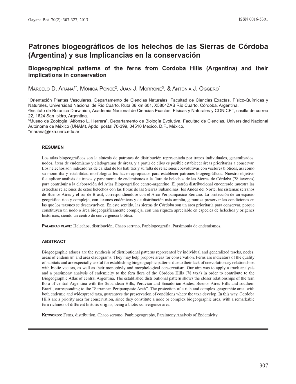 Patrones Biogeográficos De Los Helechos De Las Sierras De Córdoba (Argentina) Y Sus Implicancias En La Conservación