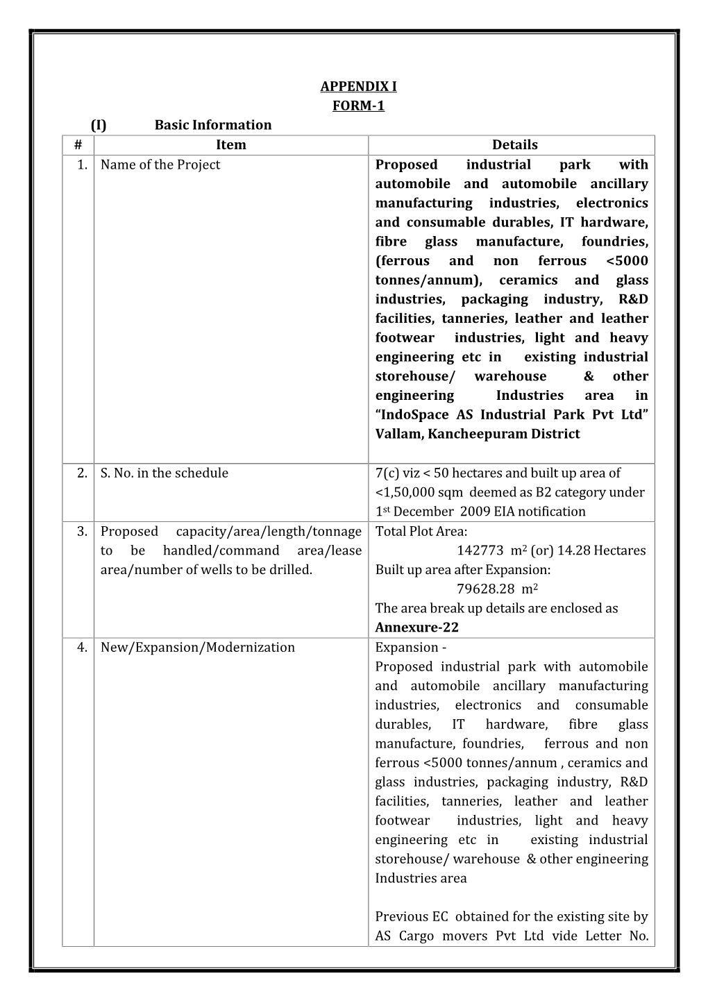 APPENDIX I FORM-1 (I) Basic Information # Item Details Proposed Industrial Park with Automobile and Automobile Ancillary 1