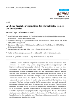 A Choice Prediction Competition for Market Entry Games: an Introduction