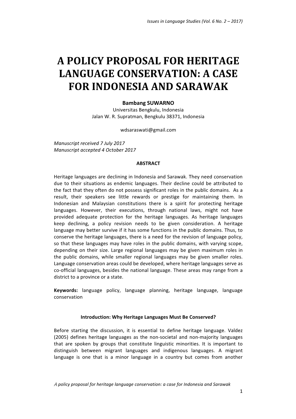 A Policy Proposal for Heritage Language Conservation: a Case for Indonesia and Sarawak