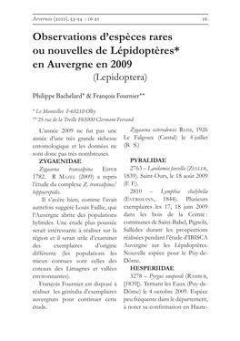 Observations D'espèces Rares Ou Nouvelles De Lépidoptères* En Auvergne En 2009