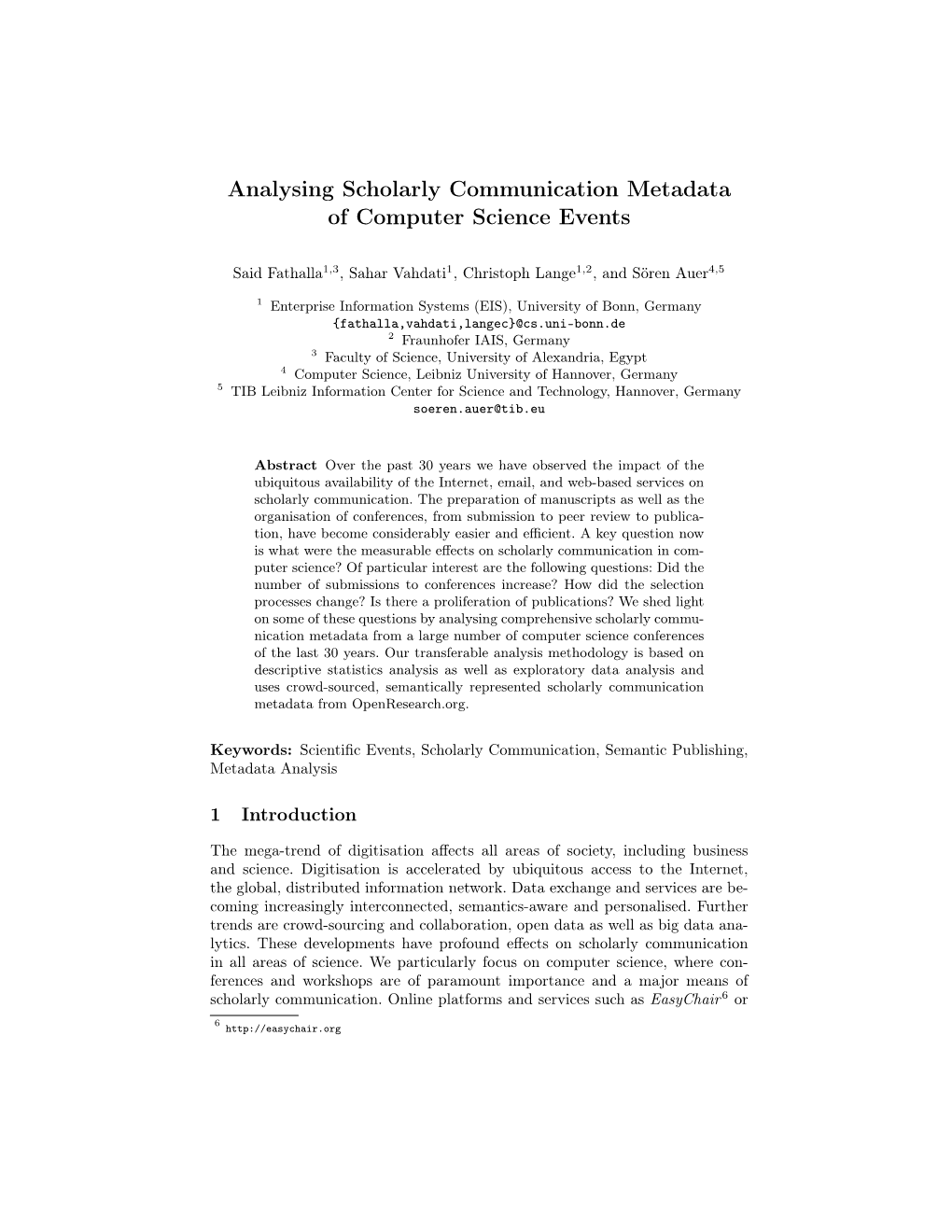 Analysing Scholarly Communication Metadata of Computer Science Events