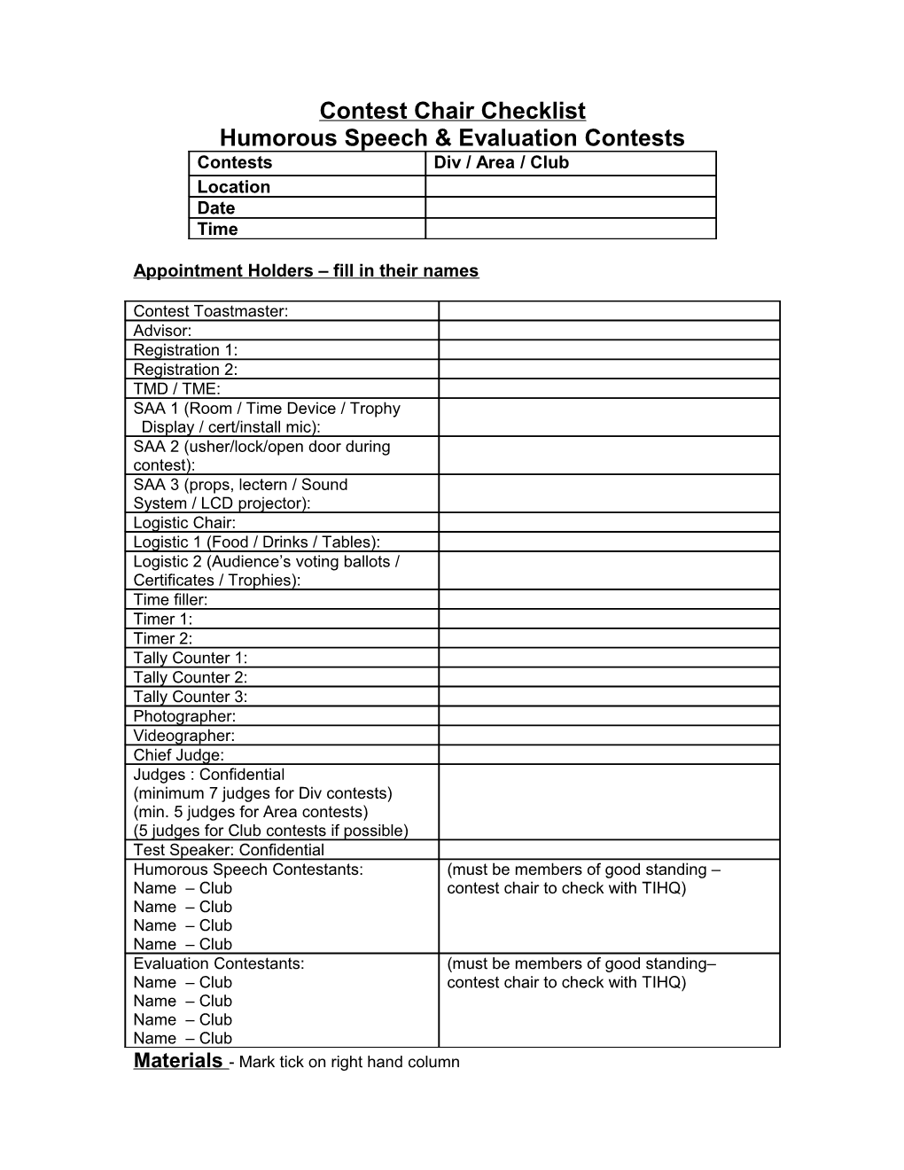 Checklist: International Speech & Table Topics Contests