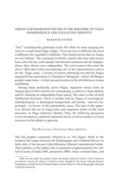 Origin and Migration Myths in the Rhetoric of Naga Independence and Collective Identity