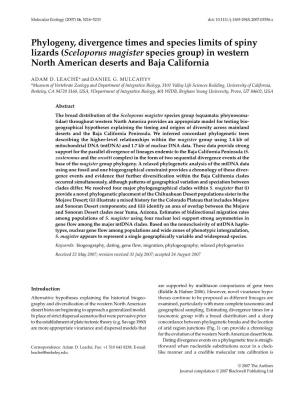 Phylogeny, Divergence Times and Species Limits of Spiny Lizards (Sceloporus Magister Species Group) in Western North American De