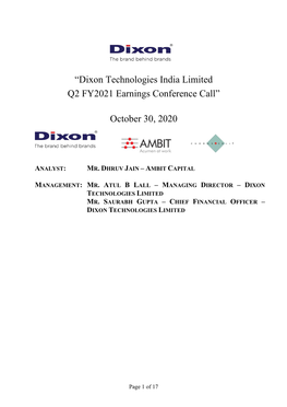 Dixon Technologies India Limited Q2 FY2021 Earnings Conference Call”