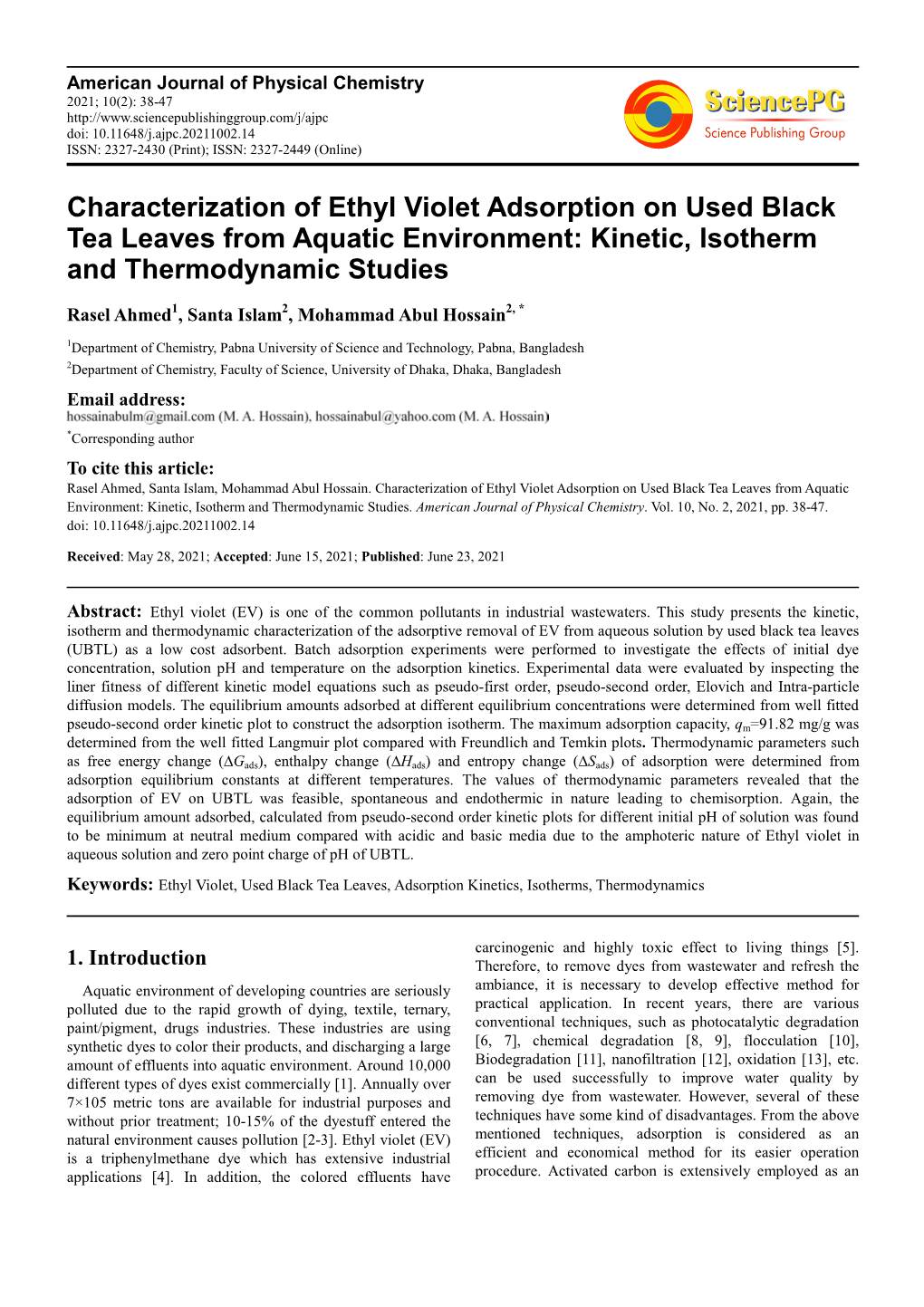 Characterization of Ethyl Violet Adsorption on Used Black Tea Leaves from Aquatic Environment: Kinetic, Isotherm and Thermodynamic Studies
