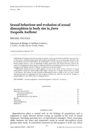 Sexual Behaviour and Evolution of Sexual Dimorphism in Body Size in Jaera (Isopoda Asellota)