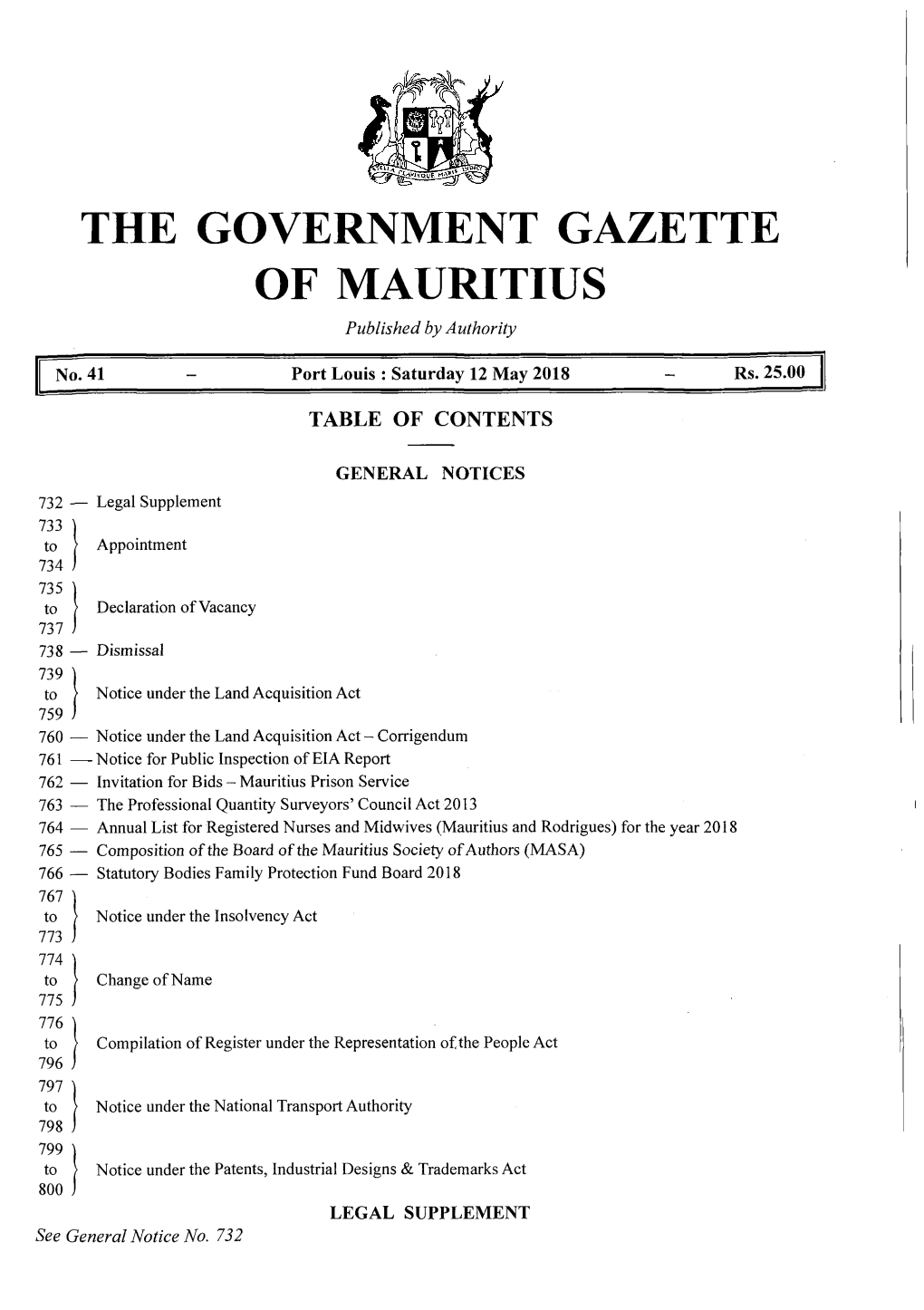 THE GOVERNMENT GAZETTE of MAURITIUS Published by Authority