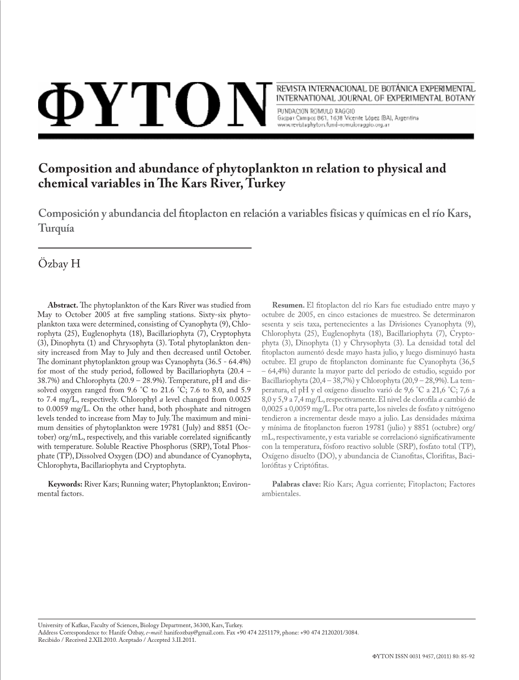 Composition and Abundance of Phytoplankton in Relation to Physical and Chemical Variables in the Kars River, Turkey