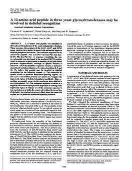 Involved in Dolichol Recognition (Isoprenoid/Endoplasmic Reticulum/N-Glycosylation) CHARLES F